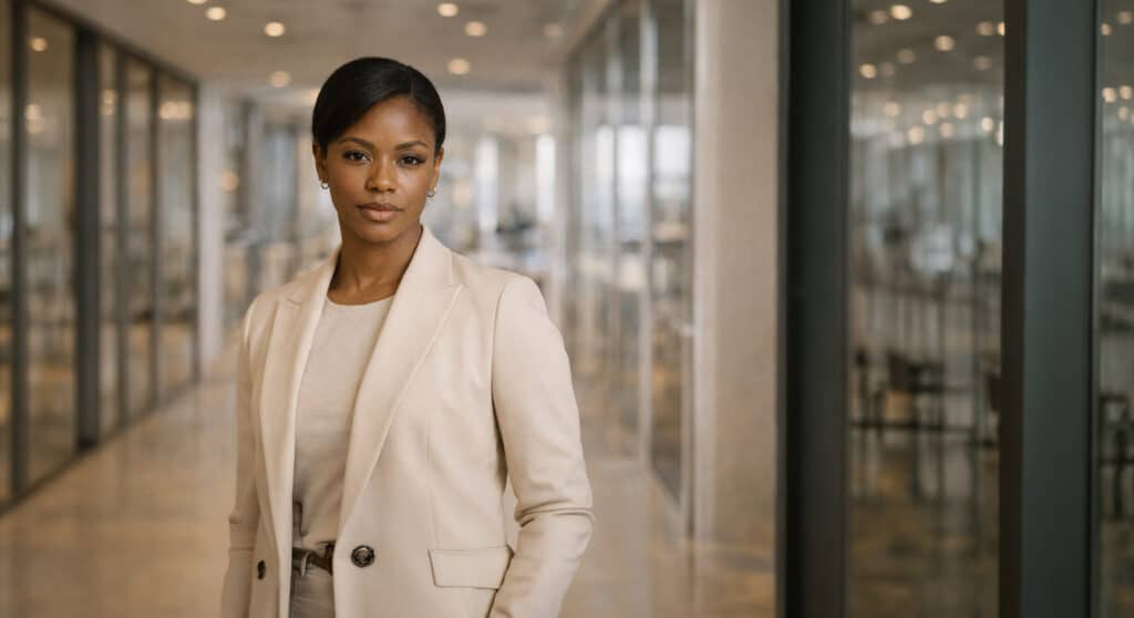 Polished beauty — confident Black woman with groomed brows, even skin, and sleek updo in a professional setting