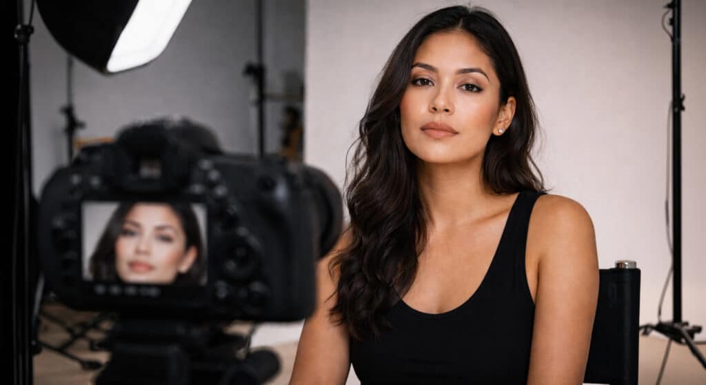Middle Eastern woman seated at a photo shoot, camera in foreground showing flashback white cast on LCD screen, powder camera snitch editorial.