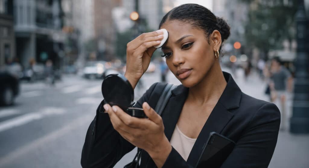 Black woman applying setting powder compact mid-commute on a city street, focused expression, setting powder traps editorial.