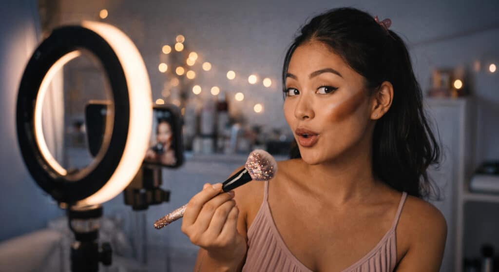 East Asian woman filming a TikTok beauty tutorial, ring light setup, overdone contour and glitter brush mid-application, chaotic creator energy.