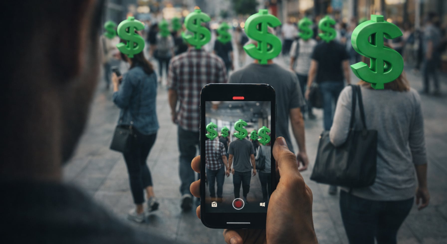 Being filmed in public as a creator records strangers while everyday people walk by with dollar signs for heads.