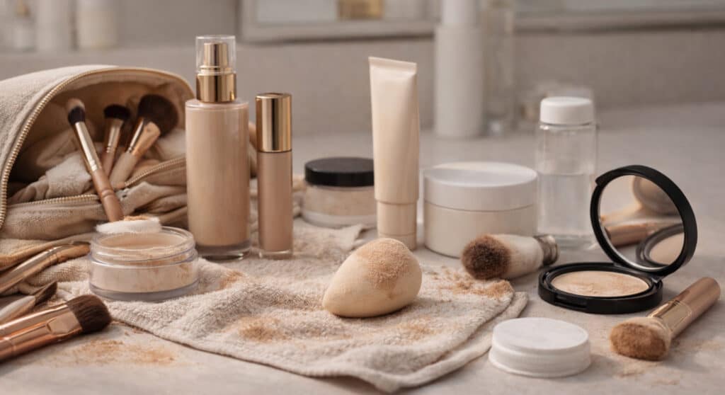 Breaking out from makeup caused by a cluttered daily routine—used makeup sponges, brushes, and product residue scattered across a vanity countertop.