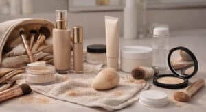 Breaking out from makeup caused by a cluttered daily routine—used makeup sponges, brushes, and product residue scattered across a vanity countertop.
