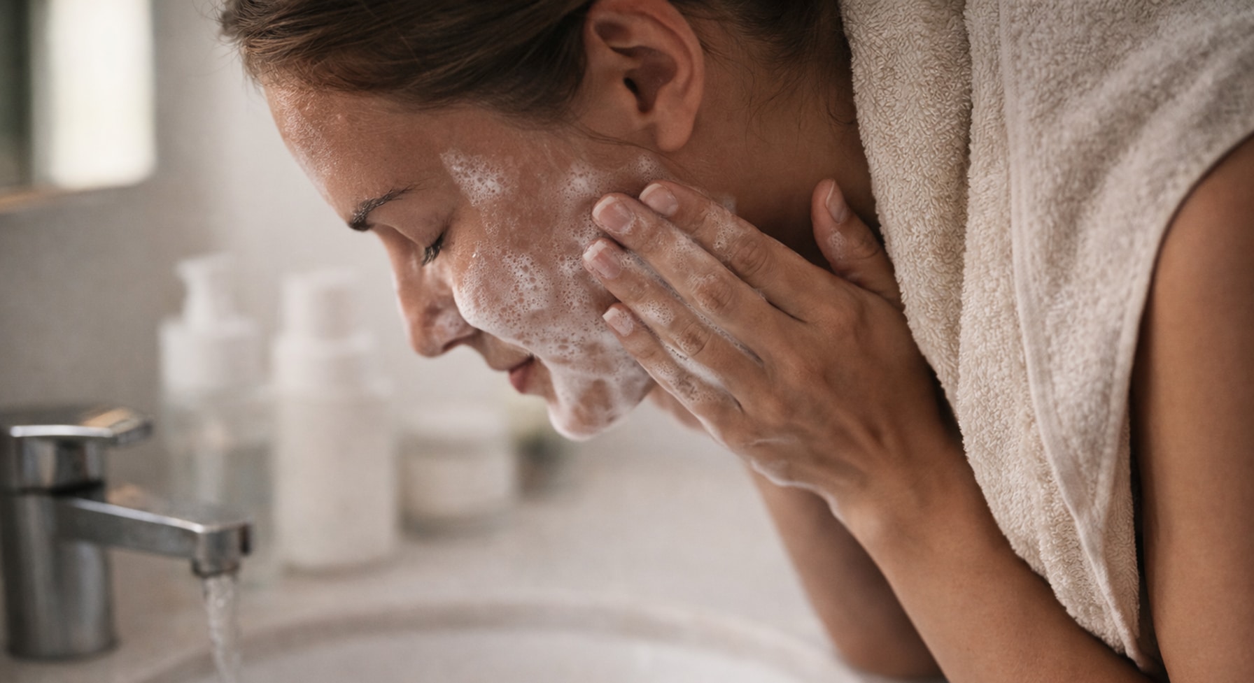 Breaking out from makeup starts with the routine—woman washing her face at the sink to show proper end-of-day cleansing.