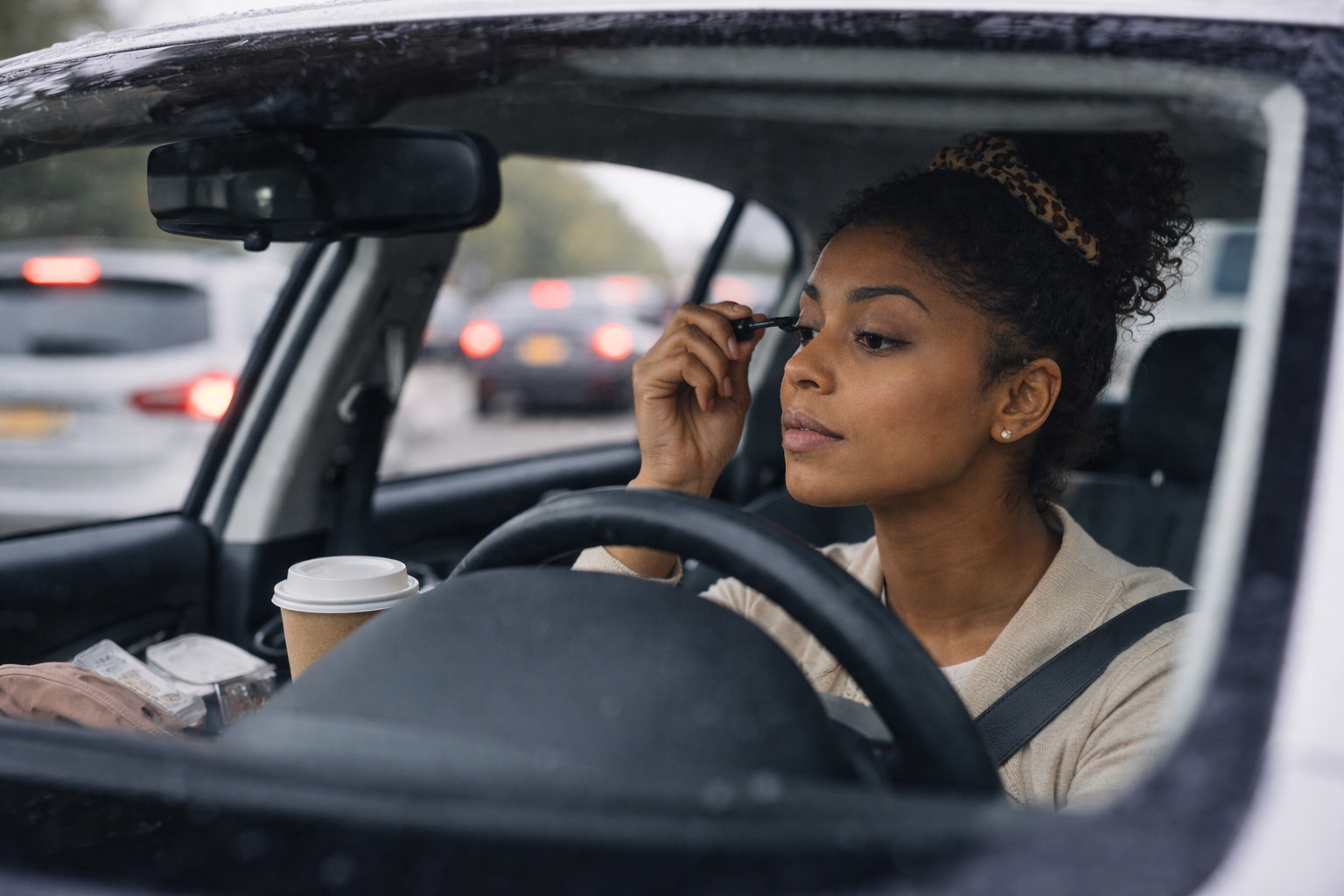 Doing makeup in the car at a stoplight, visor mirror down, applying mascara while traffic waits ahead.
