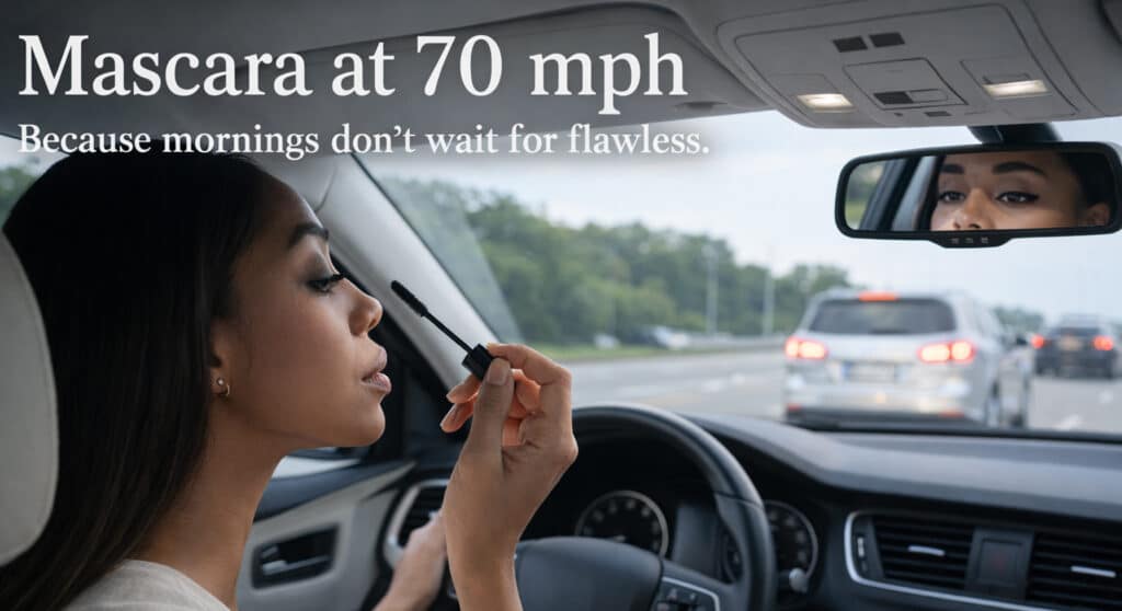 Doing makeup in the car at a red light in daytime traffic, using the sun visor mirror.