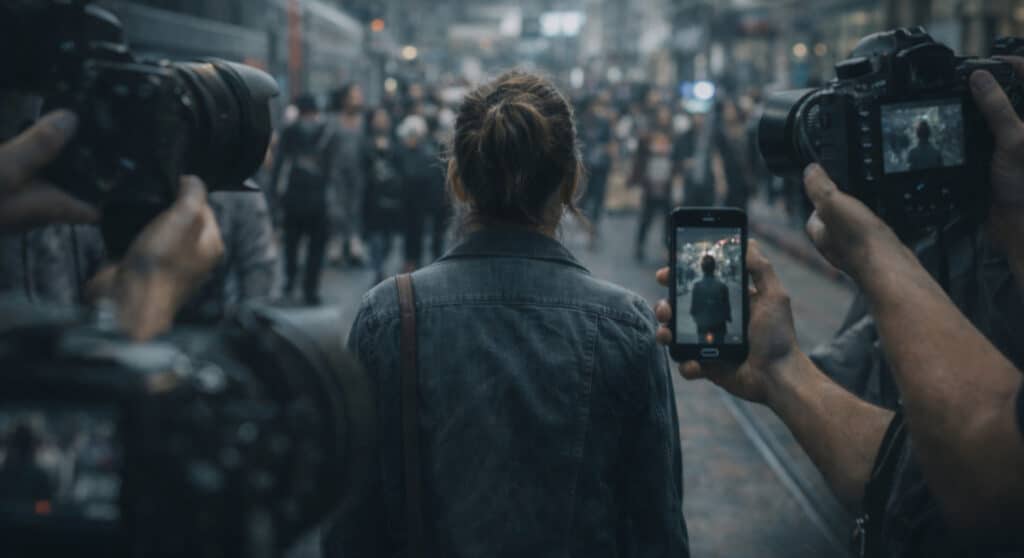 Being filmed in public: a woman walking through a crowd while someone records on a phone nearby.