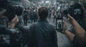 Being filmed in public: a woman walking through a crowd while someone records on a phone nearby.