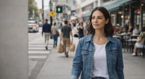 Confidence curve moment: a woman walking through a real city sidewalk scene with calm self-assurance as people blur behind her.