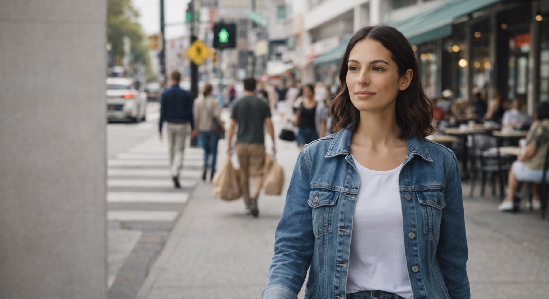 Confidence curve moment: a woman walking through a real city sidewalk scene with calm self-assurance as people blur behind her.