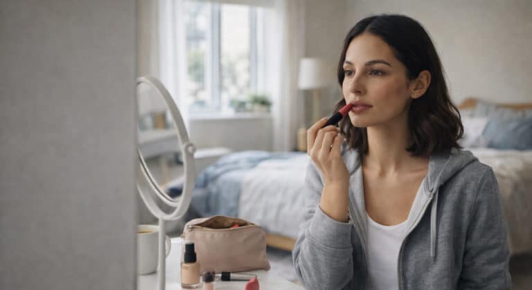 Makeup breakup recovery moment: a woman calmly applying lipstick at a bright vanity in natural daylight, rebuilding her routine.