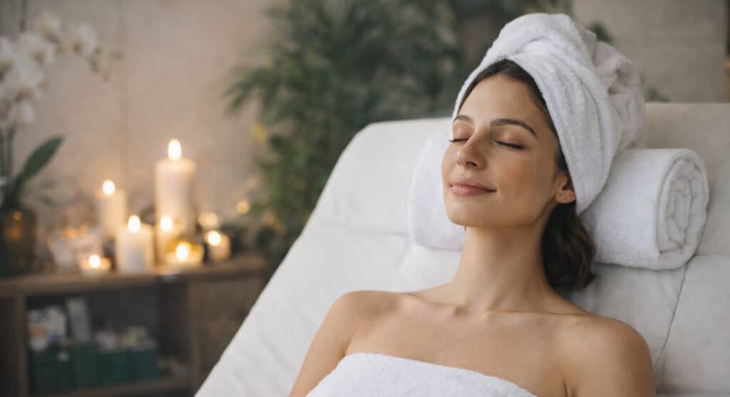 Soft-girl detox reset moment: a woman relaxing on a spa lounger with eyes closed, wrapped in a white towel in warm candlelight.