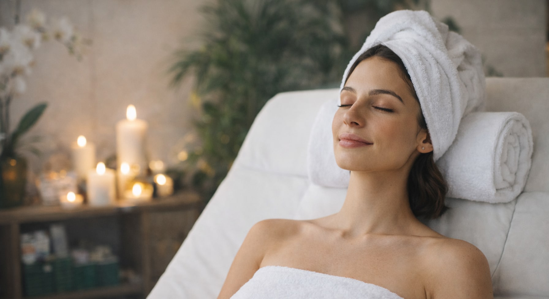 Soft-girl detox reset moment: a woman relaxing on a spa lounger with eyes closed, wrapped in a white towel in warm candlelight.