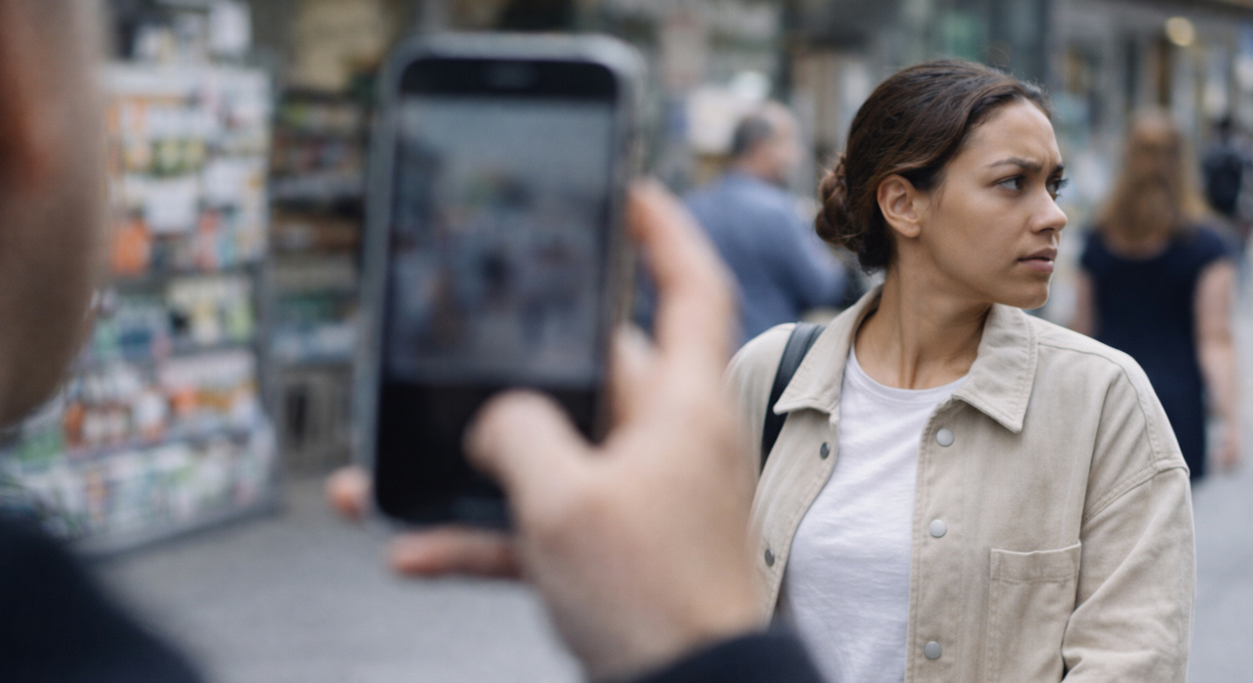Person holding a phone in a public space, capturing the uneasy feeling of being filmed in public and the privacy in public tension.