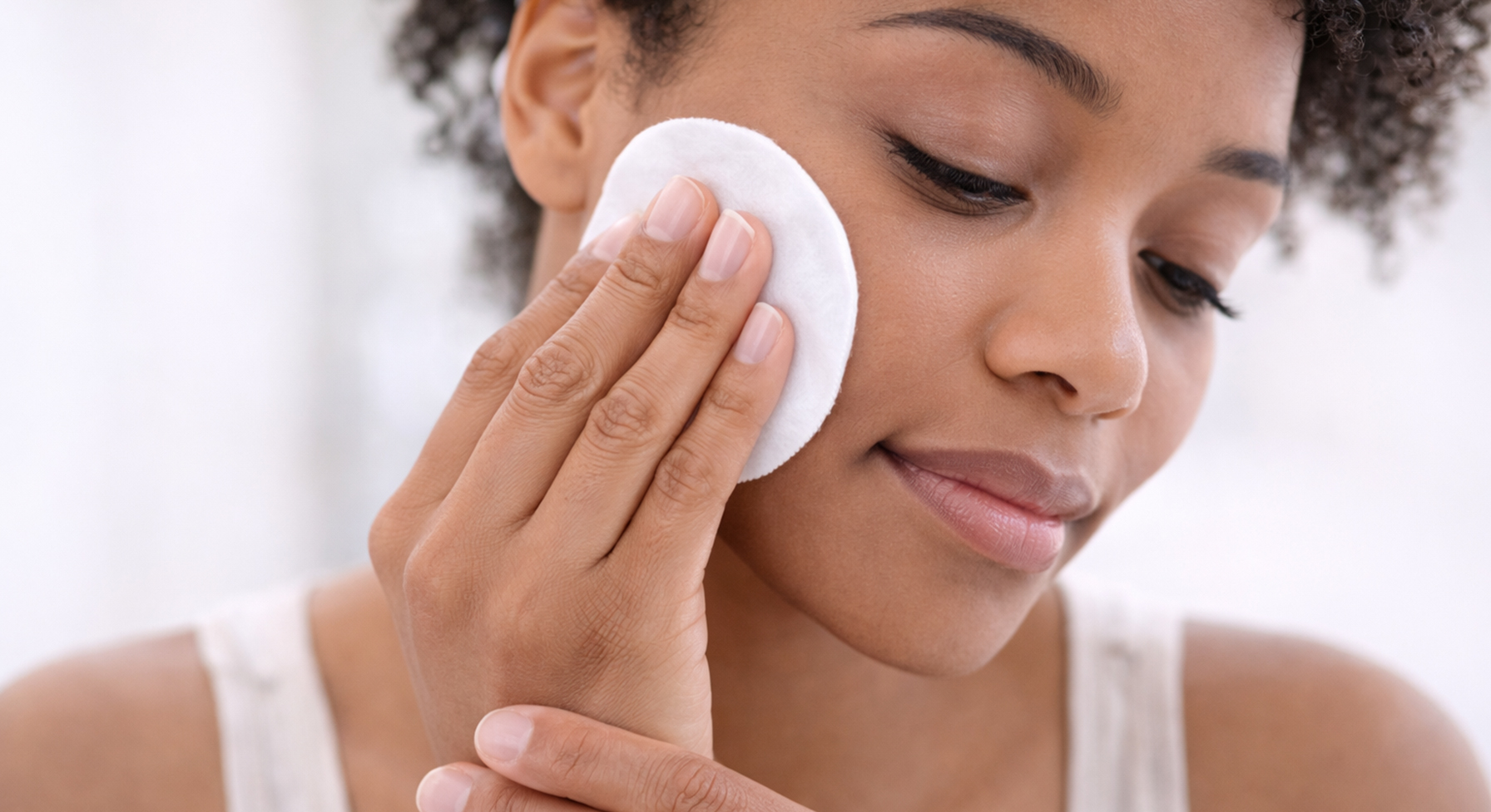 Removing makeup with a cotton pad—gentle pressure instead of harsh scrubbing