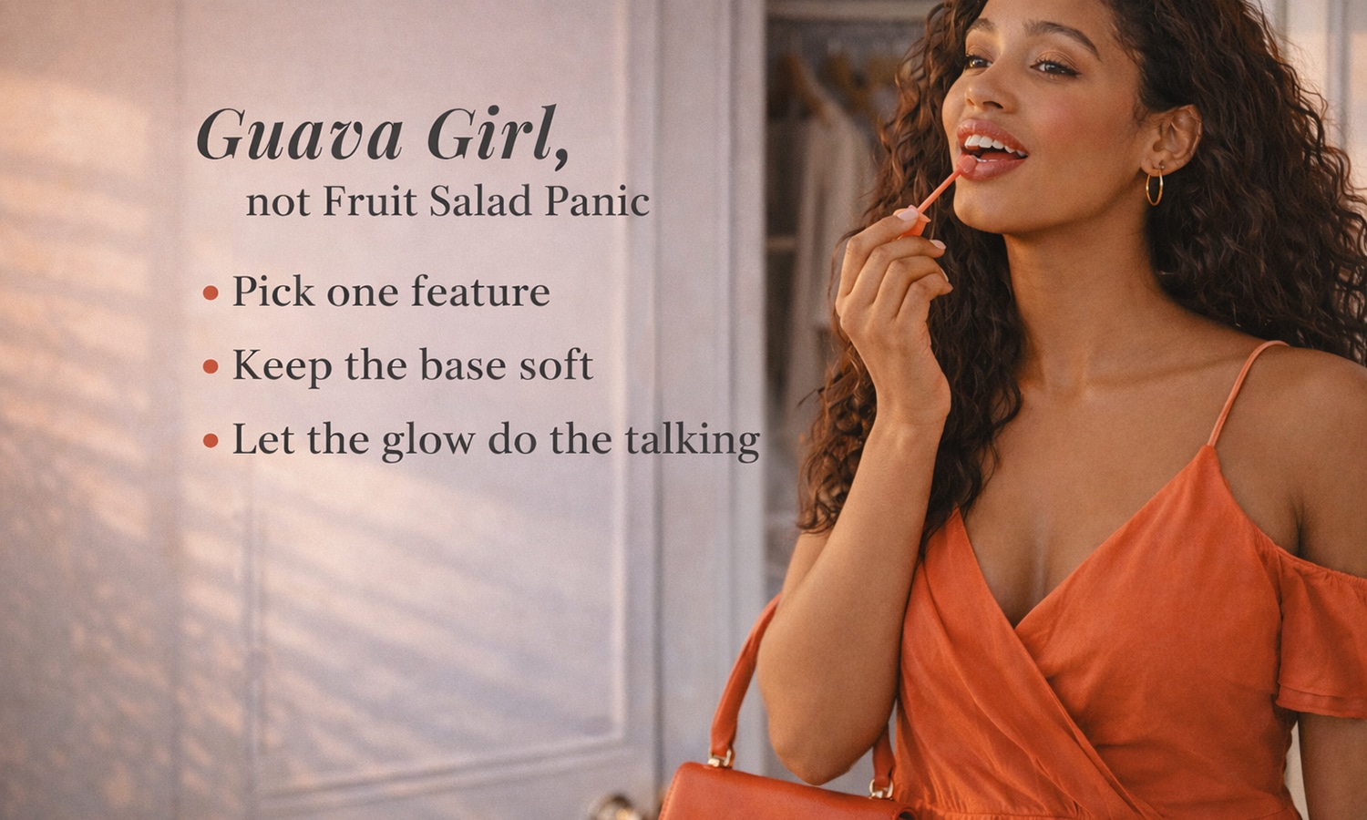 Guava Girl beauty look with coral dress and glossy lip, applying lip color in warm daylight with “not Fruit Salad Panic” tips overlay.