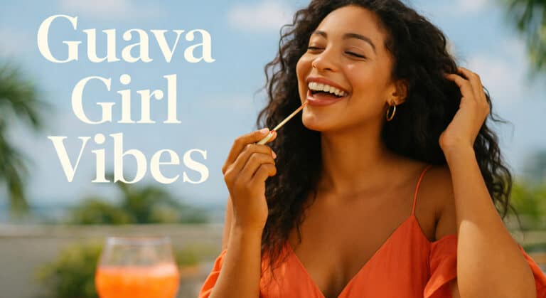 Smiling woman applying guava-pink lip gloss outdoors in warm sunlight, wearing a coral dress with tropical palms in the background.
