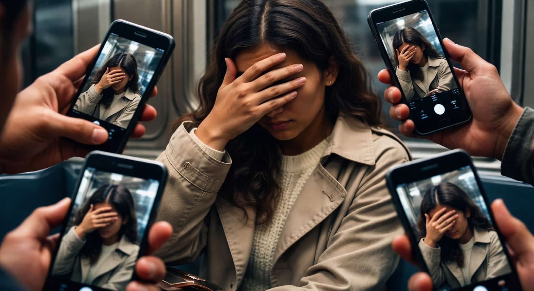 Being filmed in public feels violating as a bystander watches a stranger’s phone camera intrude into everyday space.