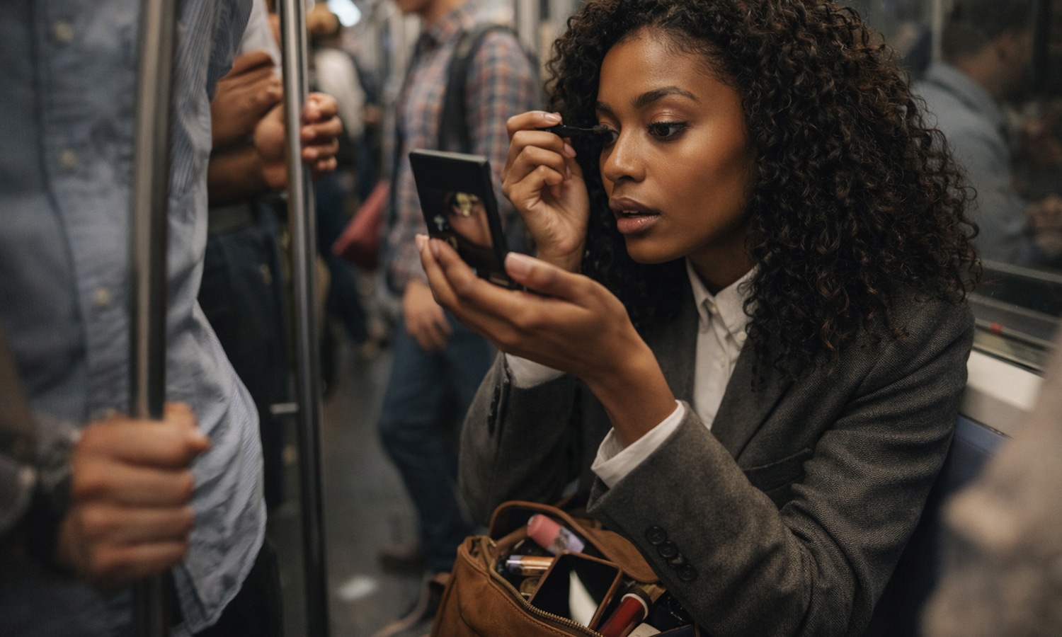 Pretty on a deadline: a Black woman applies mascara on a crowded subway