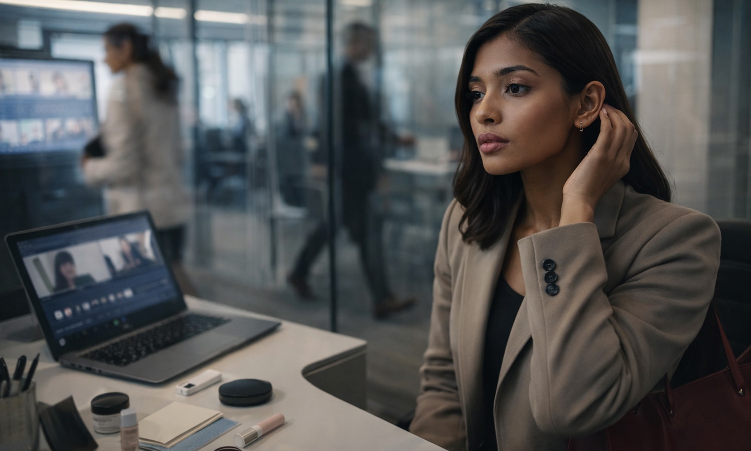 Pretty on a deadline moment—woman doing a quick makeup touch-up in an office washroom between meetings