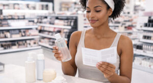 Beautiful Black woman choosing cleansing products at a beauty store to remove makeup without causing breakouts