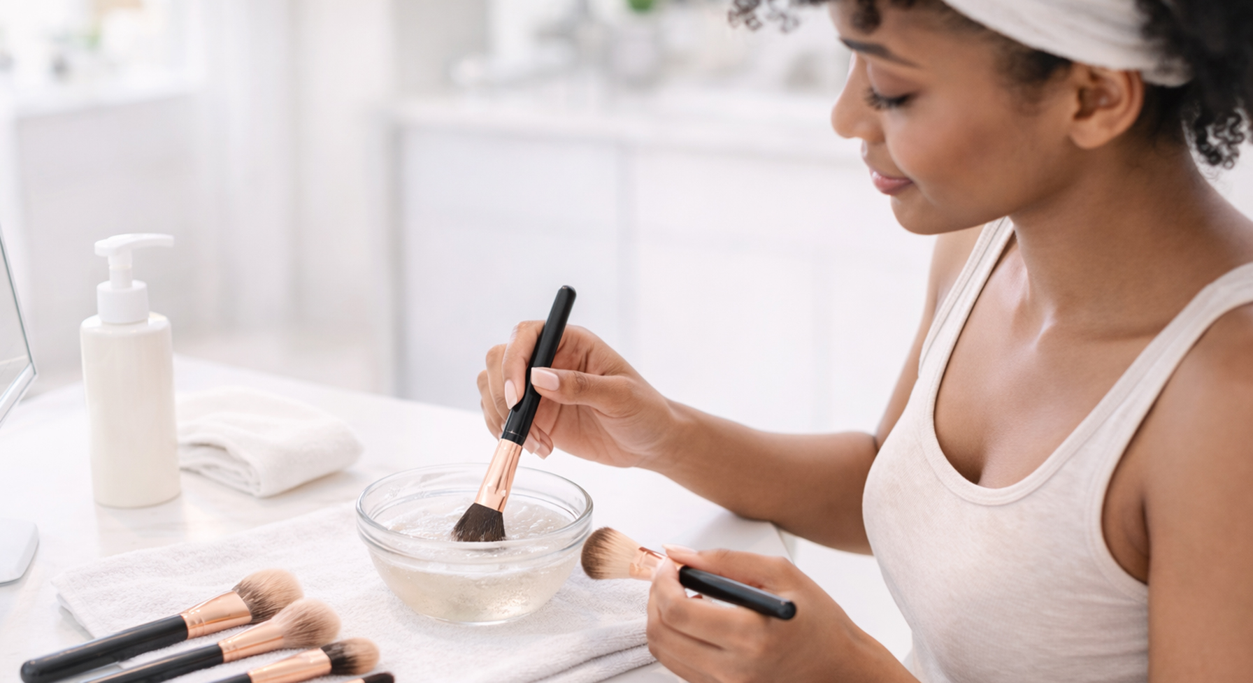 Cleaning makeup brushes with soap and water so yesterday’s product doesn’t end up back on your skin