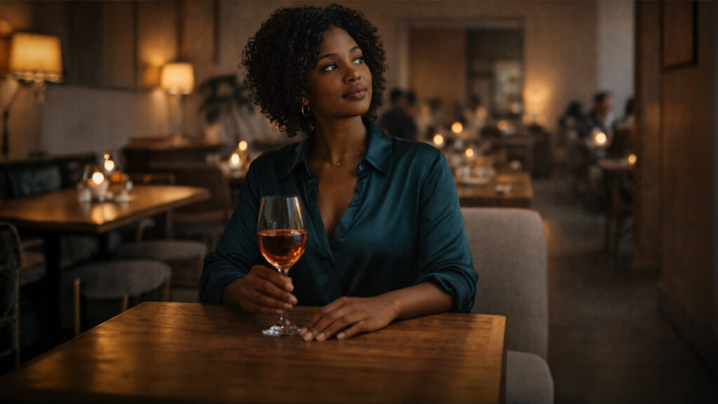 A Black woman seated alone at a candlelit restaurant, holding a wine glass with quiet confidence — an editorial image representing intentional solo dining as an act of self-romance