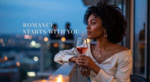 Black woman on a balcony at twilight holding a glass of rosé, looking out over the city during a self-date.