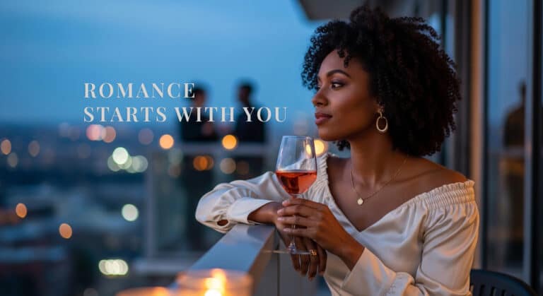 Black woman on a balcony at twilight holding a glass of rosé, looking out over the city during a self-date.