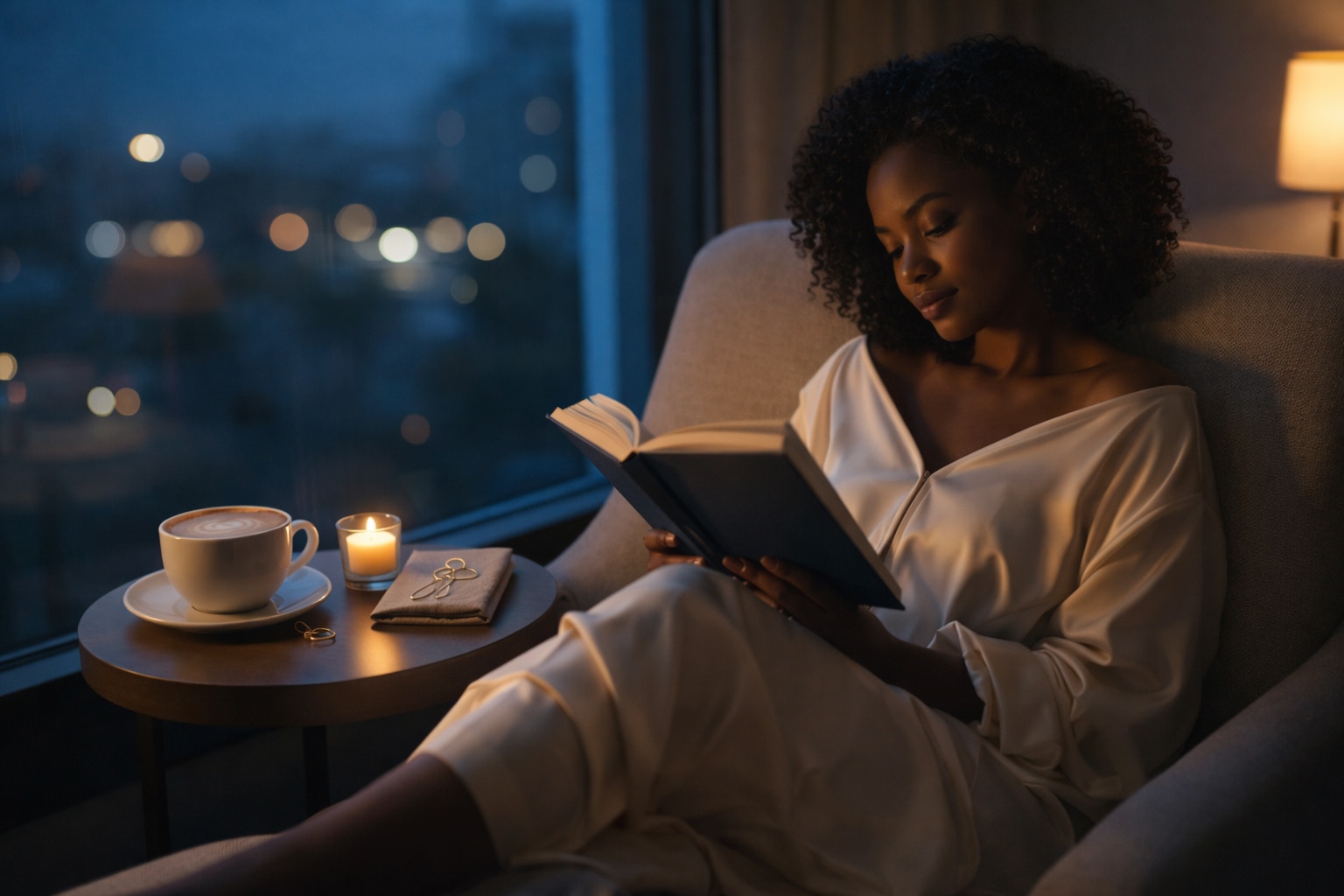 Woman relaxing in a chair by a window at twilight, reading a book with a cappuccino and candle on a side table.