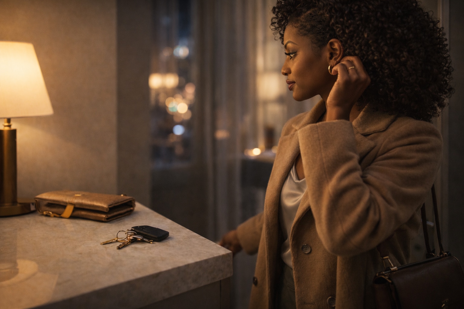 Woman in a camel coat adjusts her earring by a vanity with keys and a clutch, preparing to head out for a solo evening.