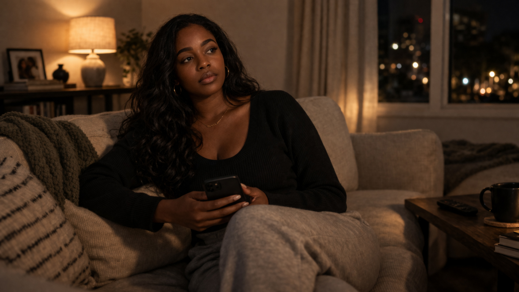 A Black woman sits alone holding her phone, expression composed but internally distant — the quiet exhaustion of performing calm