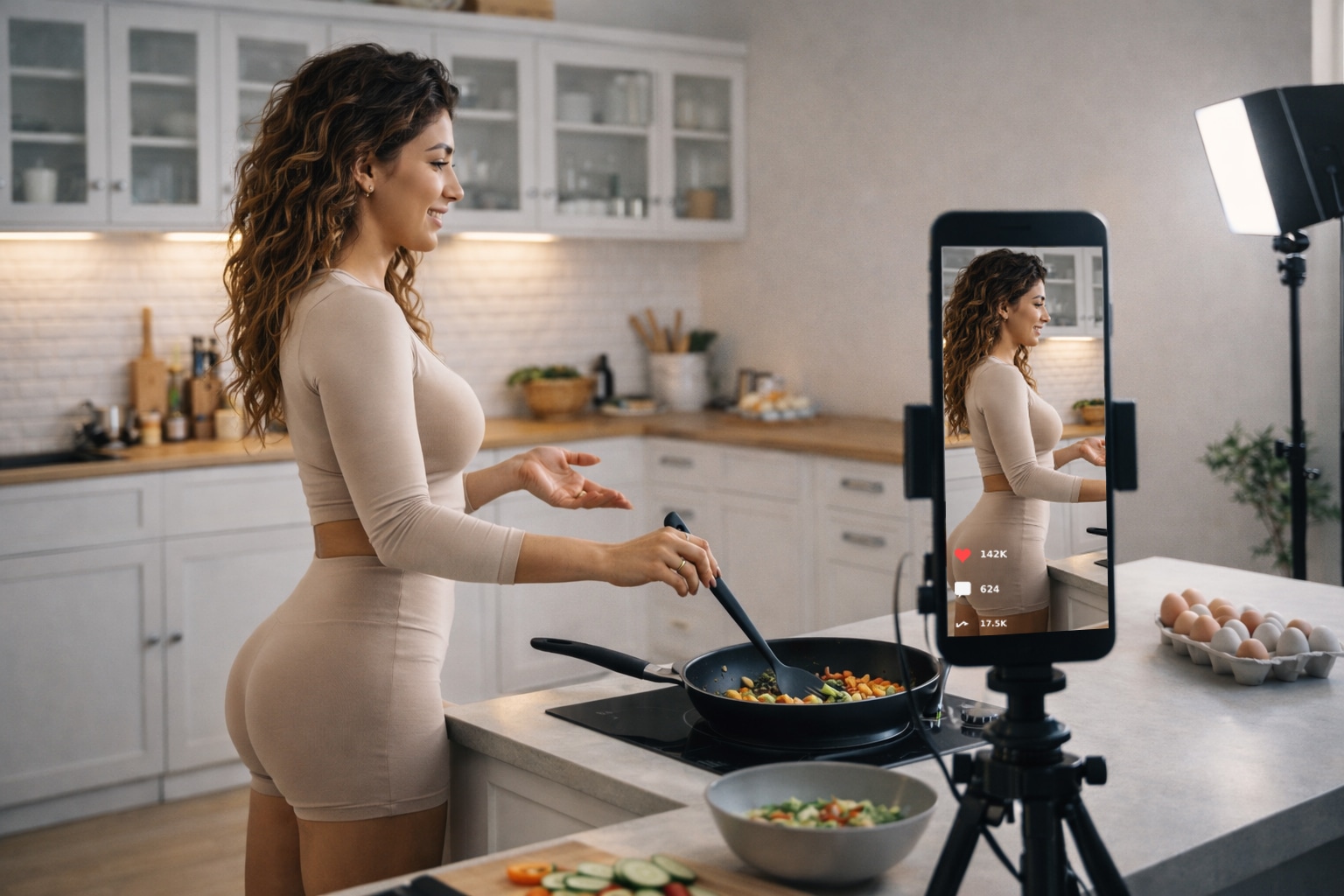 Thirst trap culture in a modern kitchen: a woman films a cooking demo in a tight fitted set while likes, comments, and shares stack on-screen.