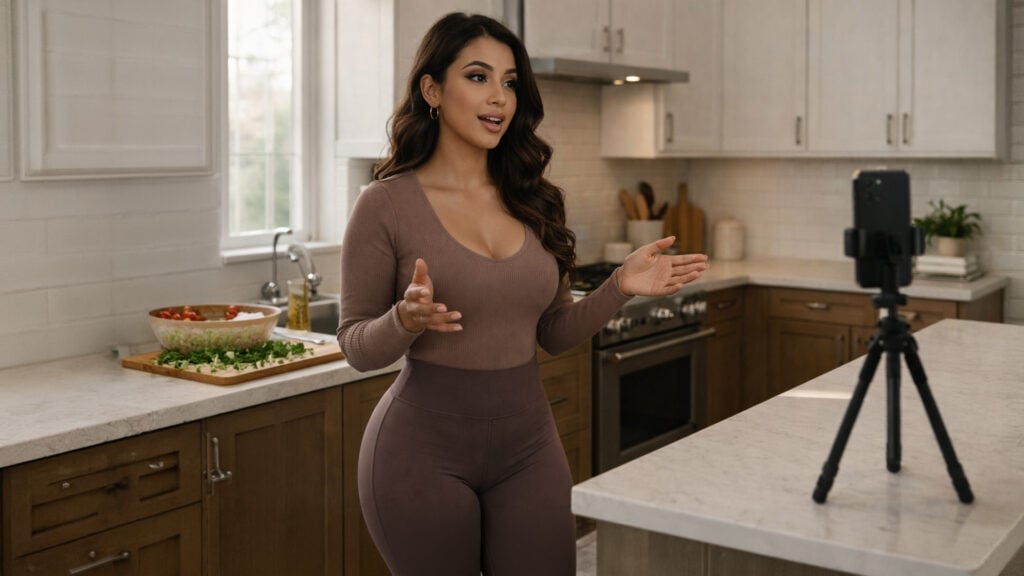 A woman in a form-fitting outfit gesturing mid-explanation in a kitchen, phone on a tripod in the background — an editorial image capturing the gap between casual content and calculated presentation