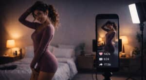 Thirst trap culture everywhere: a creator films a body-forward video as likes, comments, and shares glow on the phone screen.
