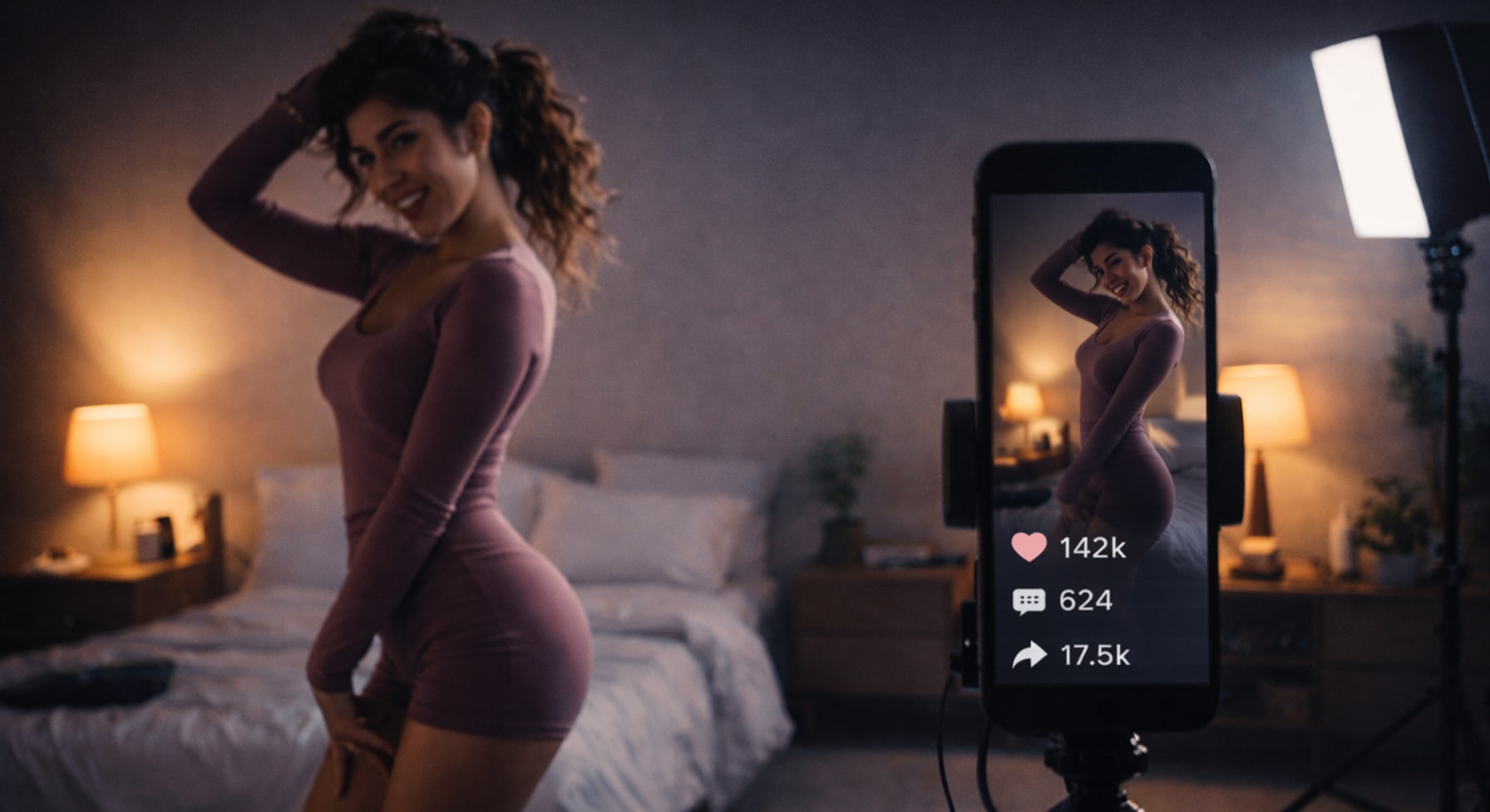 Thirst trap culture everywhere: a creator films a body-forward video as likes, comments, and shares glow on the phone screen.