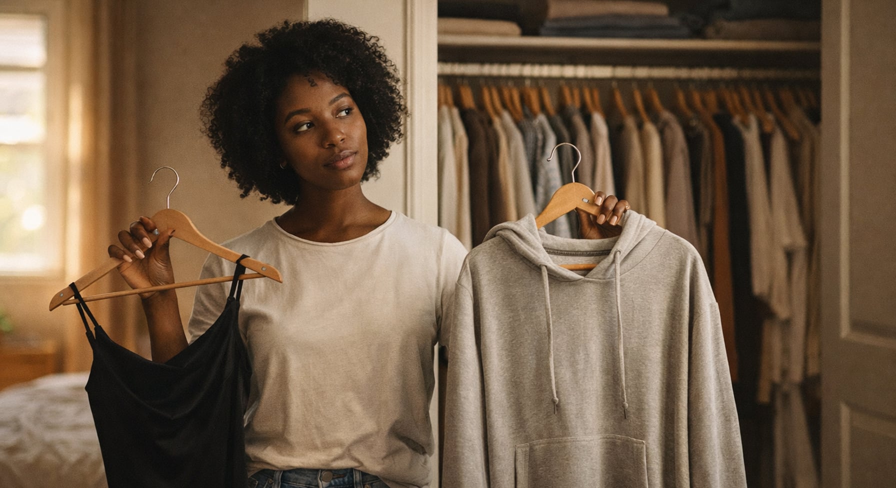 Woman choosing between a date dress and a hoodie, showing the pressure to be recognizable instead of perfectly polished.