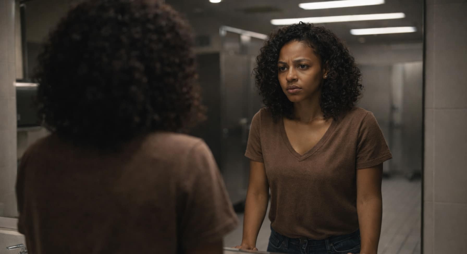 Woman looking at herself in a public restroom mirror under harsh lighting, reminding her to be recognizable in real life.