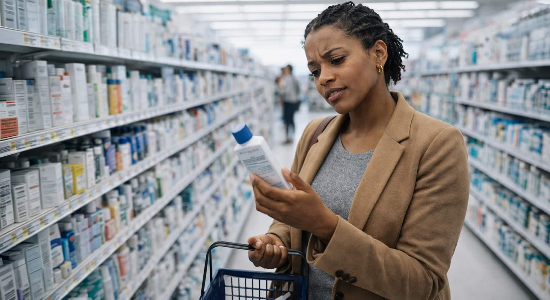 Woman reading skincare product label in pharmacy aisle with skeptical expression