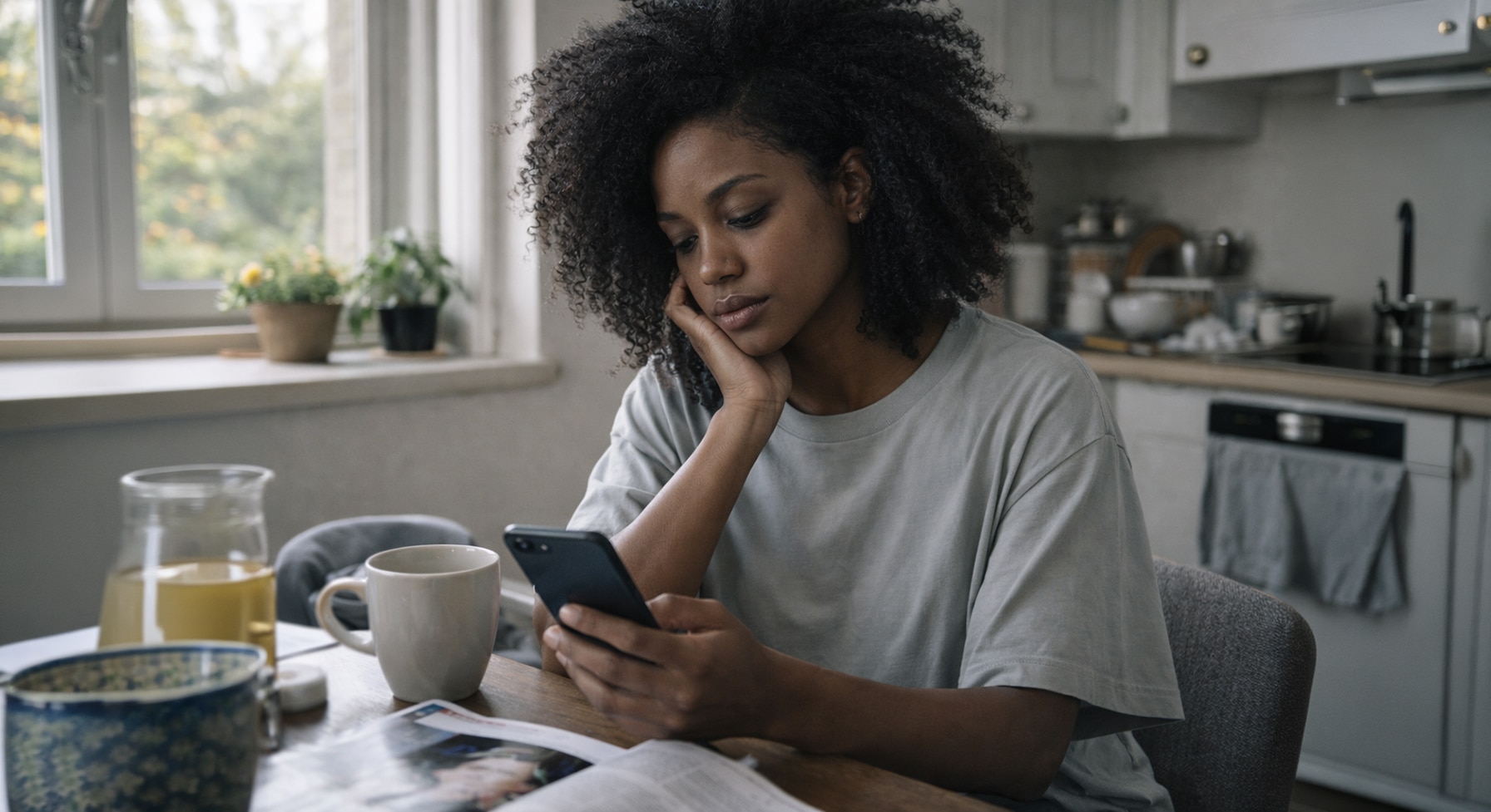 Woman scrolling phone at kitchen table questioning who created beauty standards