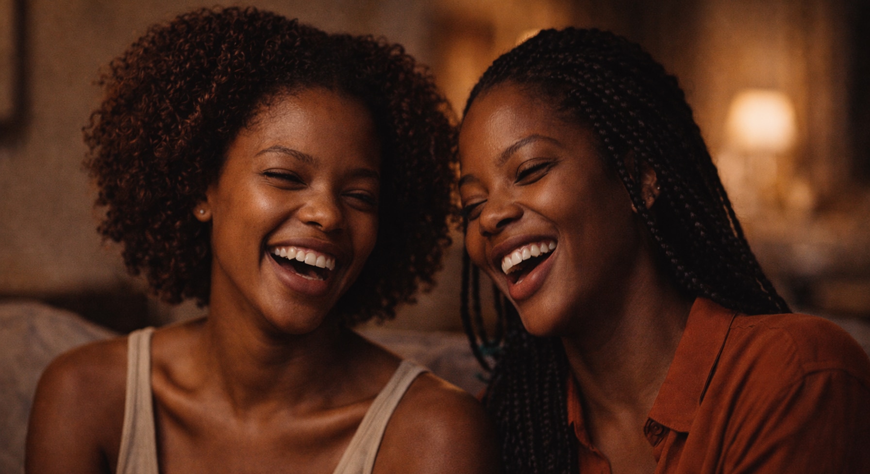 Two Black women laughing together in genuine warm connection — the social glow effect on confidence and beauty