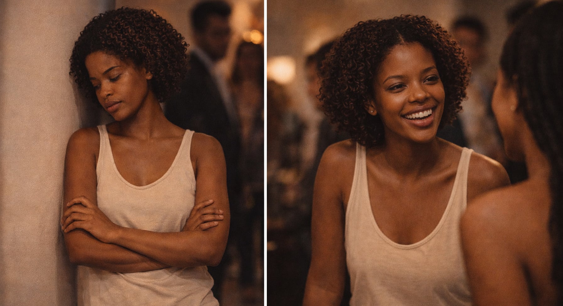 Two contrasting moments — a woman withdrawn and closed off versus the same woman fully engaged and commanding conversation — does confidence make you more attractive