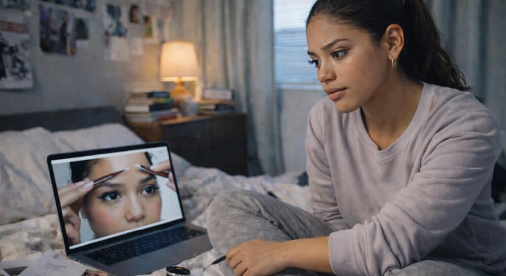 Woman comparing eyebrow trends on phone surrounded by beauty products