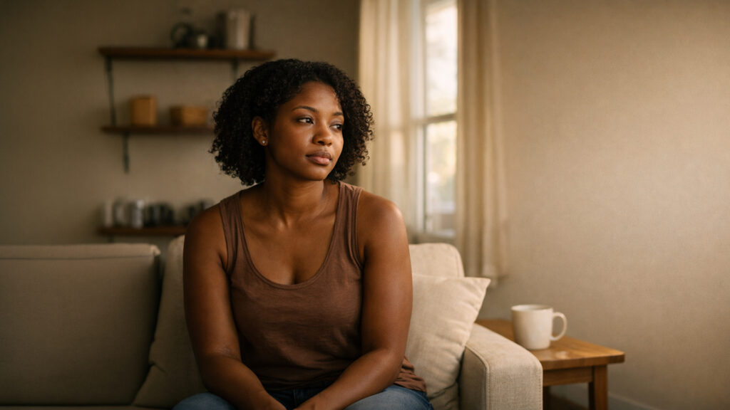 A Black woman sits alone in a quiet apartment, looking toward the window — the still, unmoored feeling of when everything that defined you is gone
