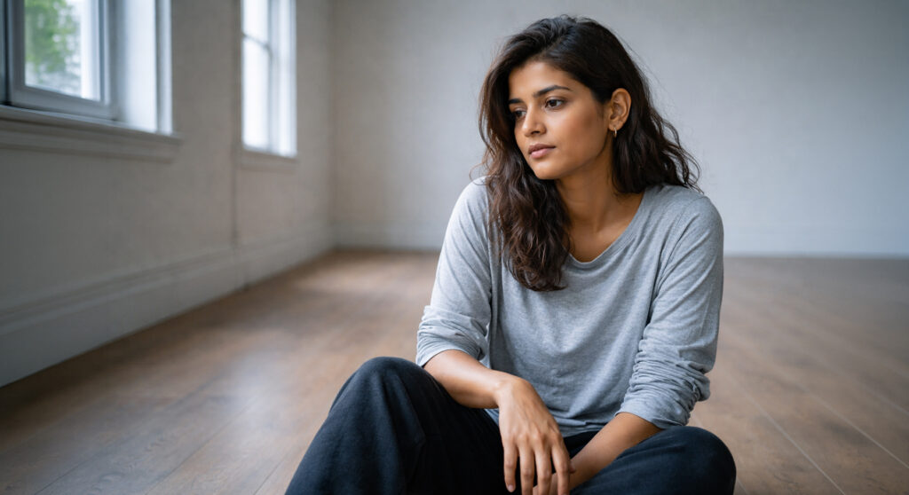 Woman sitting alone in sparse apartment — feeling lost in life with no external roles defining her