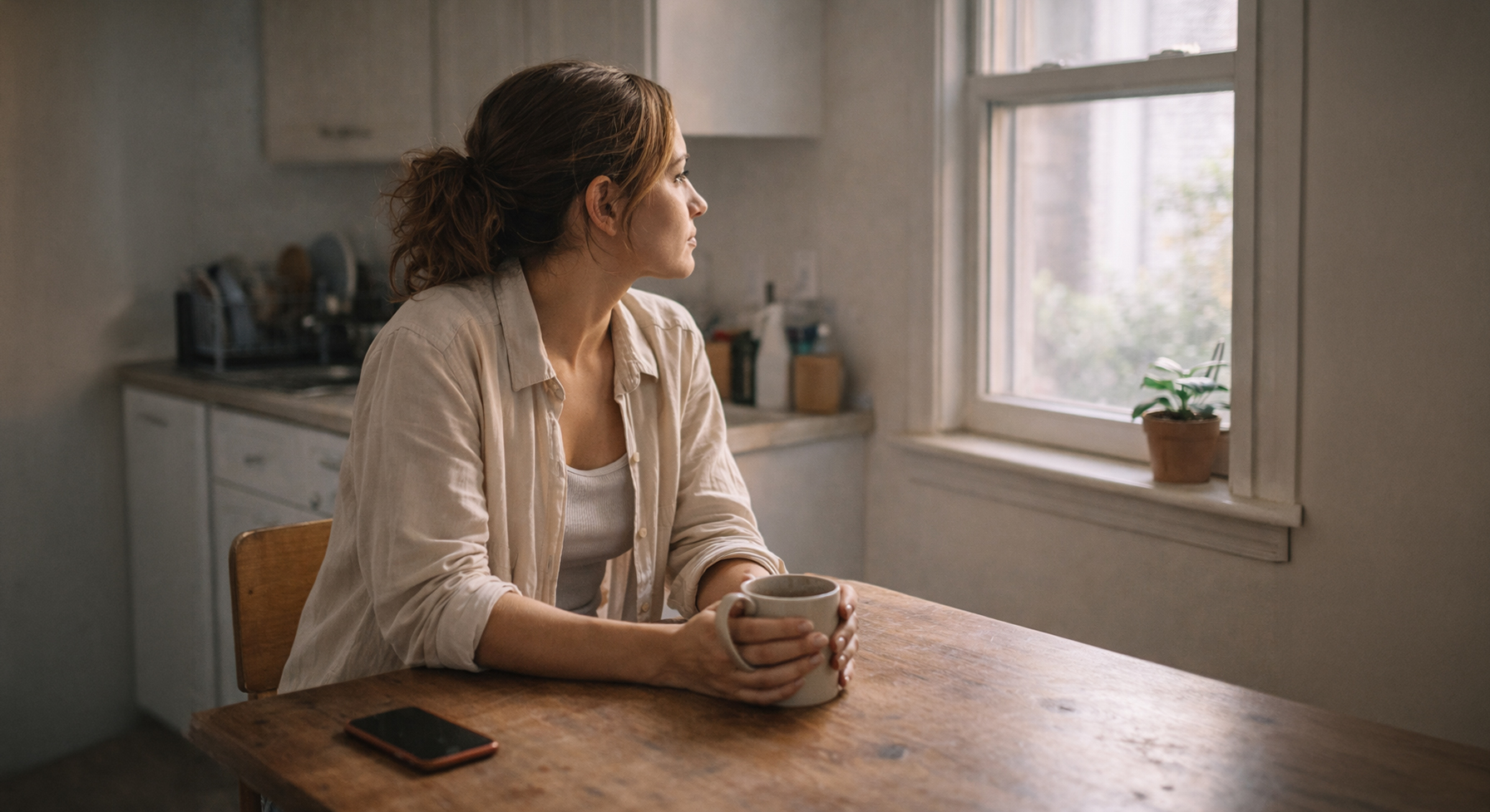 Woman alone in quiet morning moment — small private choices after feeling lost in life