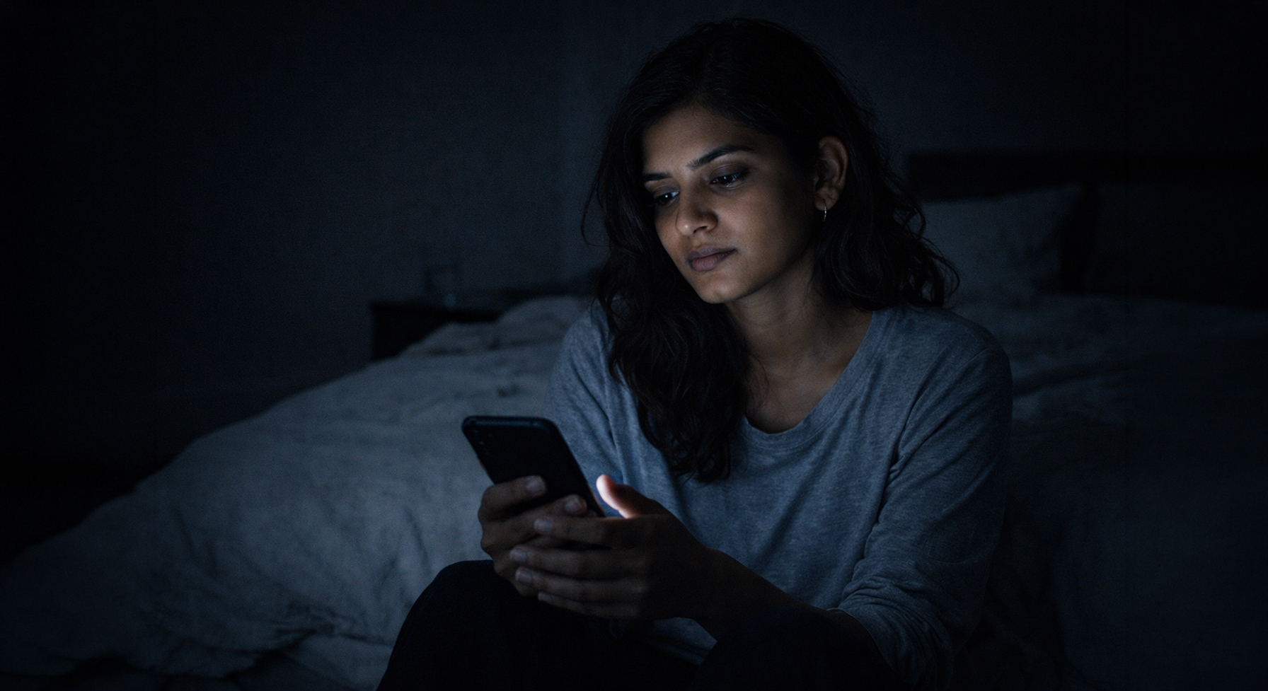 Woman scrolling phone alone in dark room — feeling lost in life while everyone else appears to move forward