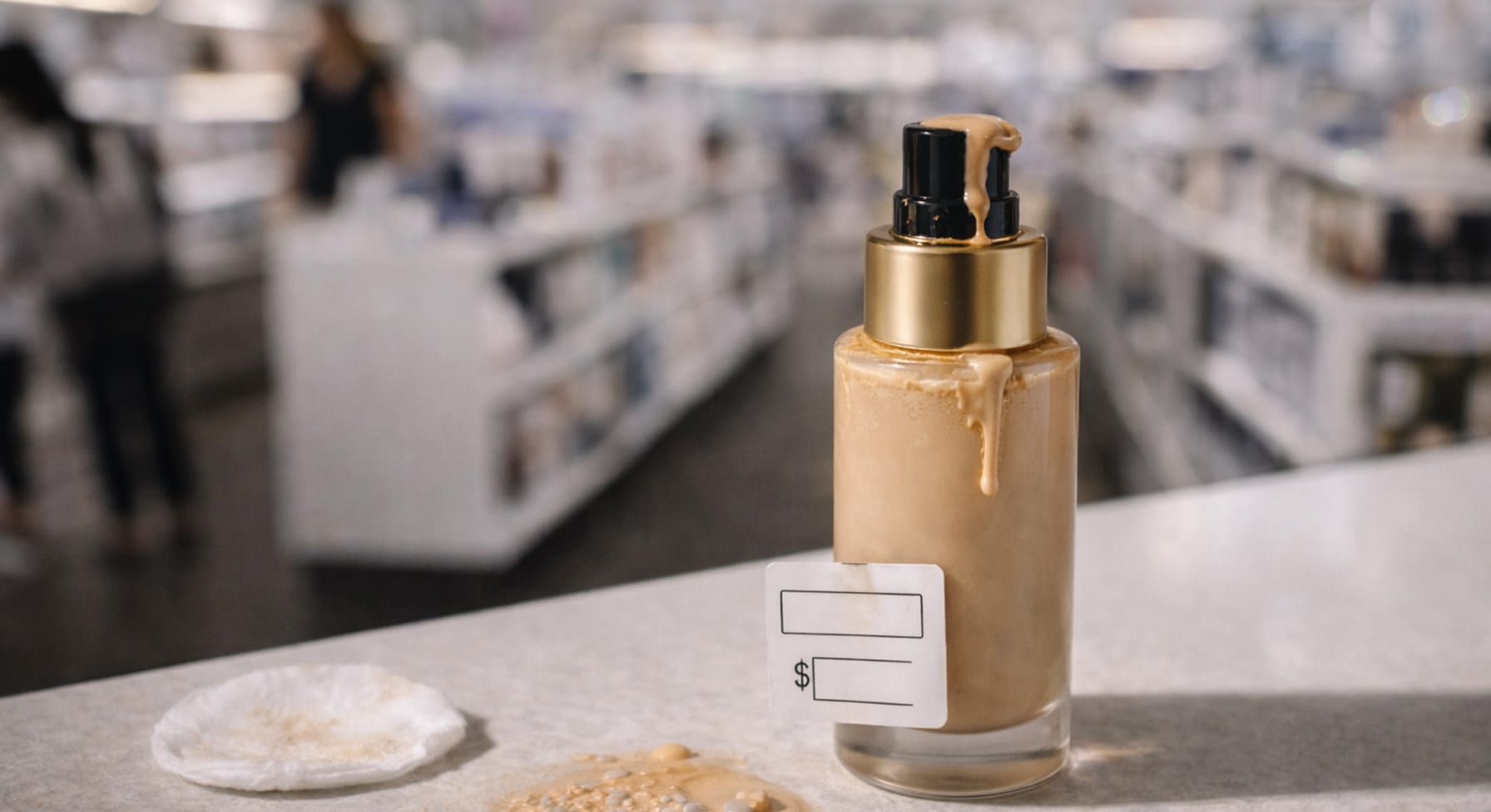 Foundation bottle with price tag on a store counter — buying more won't fix why foundation looks bad