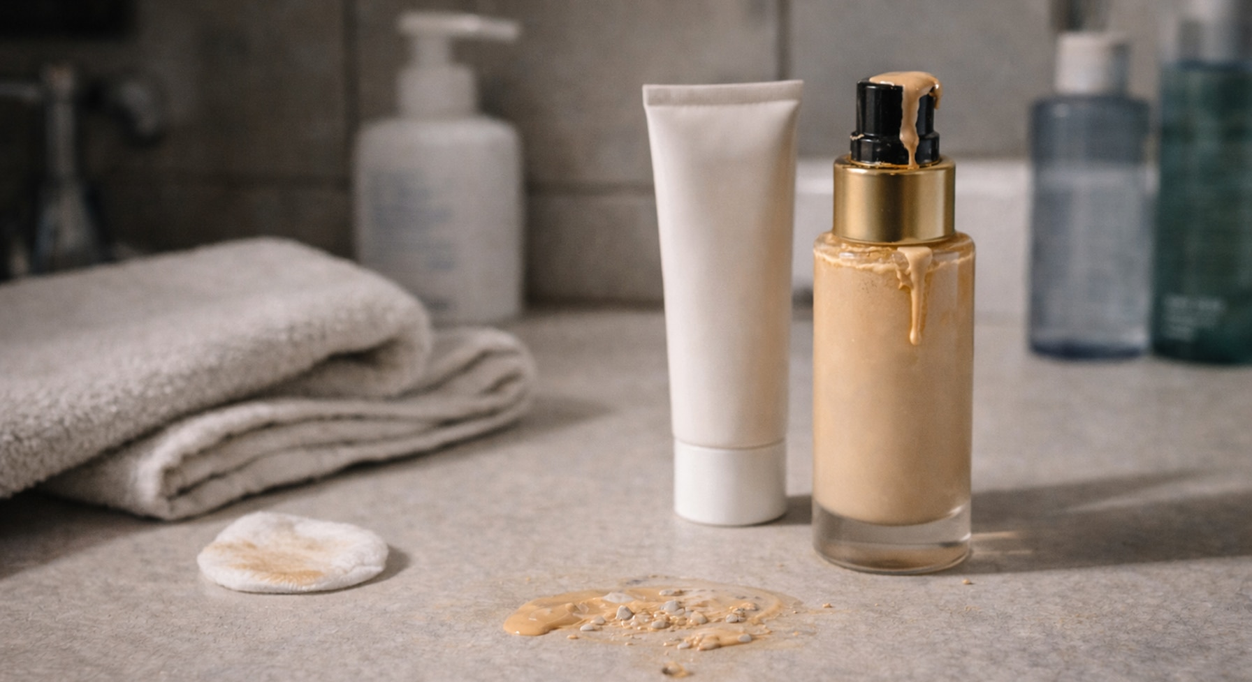 Primer and foundation separating on a bathroom counter — why foundation looks bad starts with formula conflict