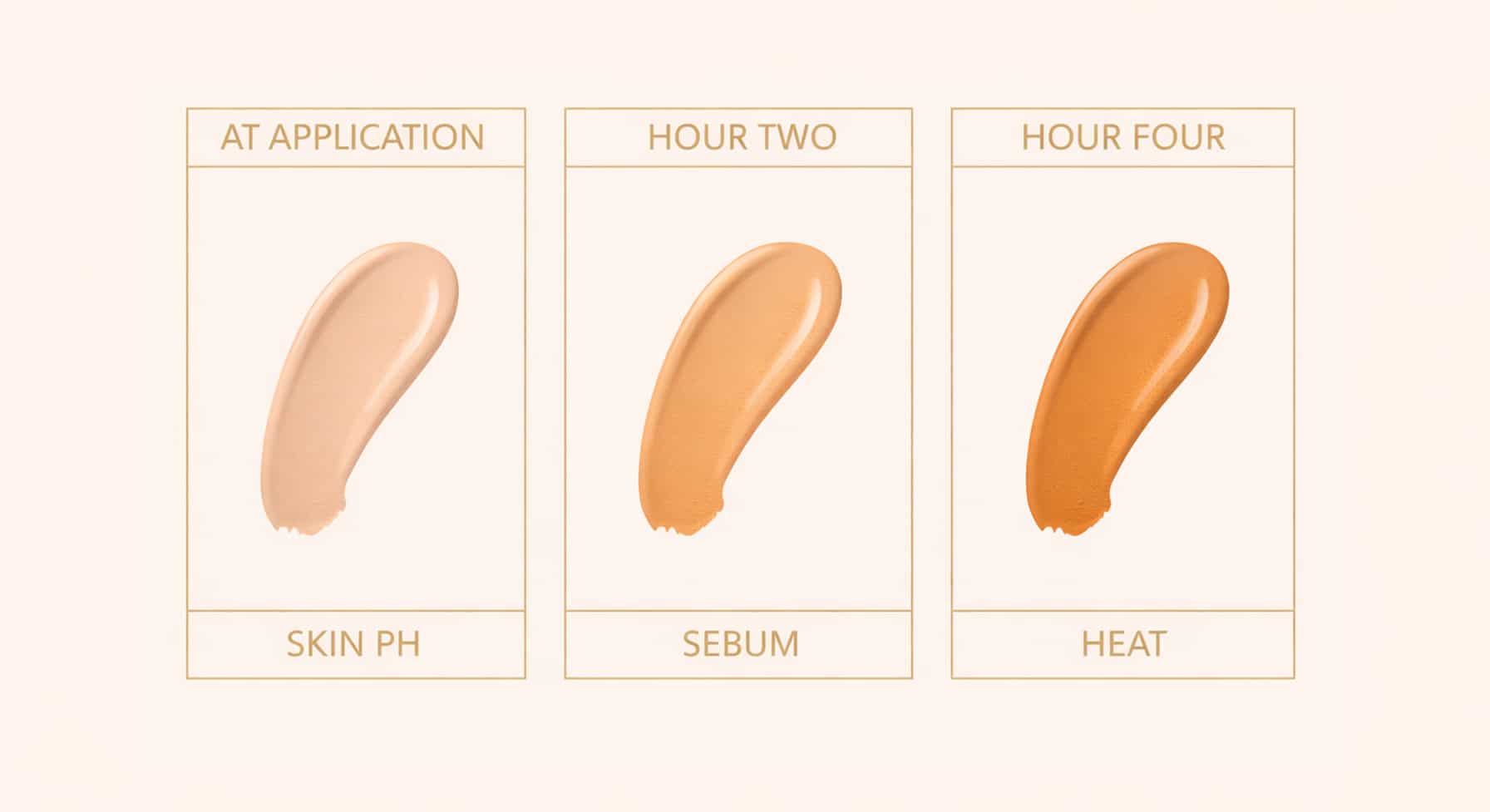 Three-stage graphic showing foundation oxidation progression from accurate shade at application to visibly orange at hour four, with contributing factors skin pH, sebum, and heat labeled below each stage.